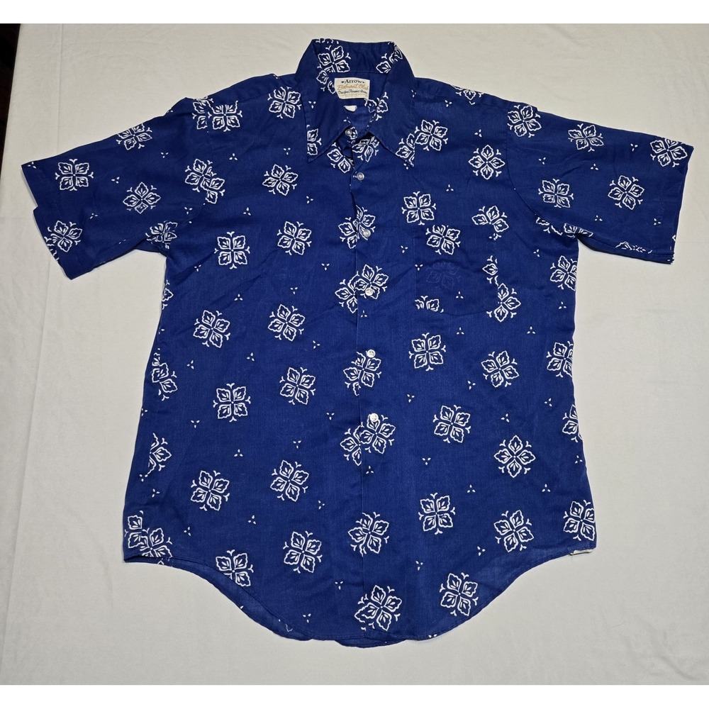 Vtg Arrow Belmont Club Short Sleeve Mens Button Up Shirt Blue Best Fits Large